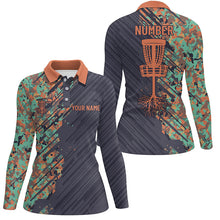 Load image into Gallery viewer, Womens disc golf polo shirts custom name Grunge Camo disc golf basket, personalized disc golf apparel NQS7200