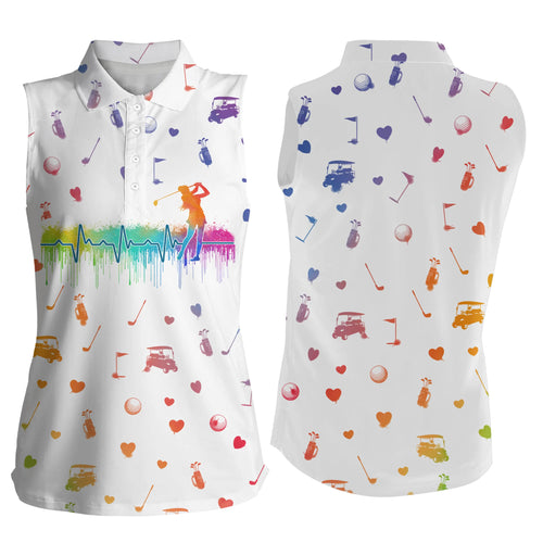 Watercolor golf heartbeat icons Womens sleeveless polo shirt, ladies golf top for women NQS5043