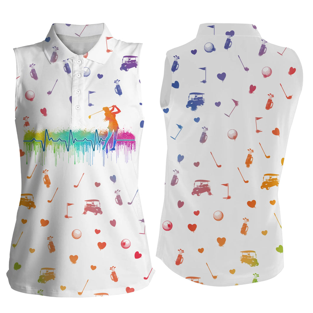 Watercolor golf heartbeat icons Womens sleeveless polo shirt, ladies golf top for women NQS5043
