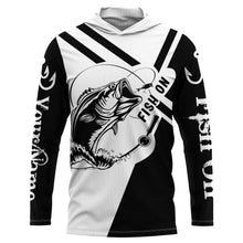 Load image into Gallery viewer, Largemouth Bass Fishing fish on black and white custom name performance fishing shirts NQS899