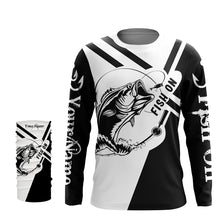 Load image into Gallery viewer, Largemouth Bass Fishing fish on black and white custom name performance fishing shirts NQS899