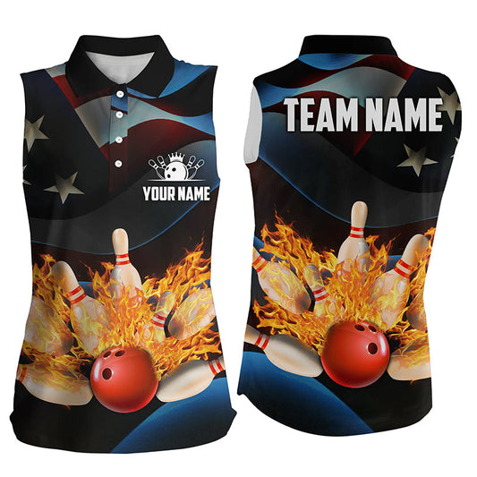 American flag black flame Bowling sleeveless polos For women Custom Patriotic Bowling League Jerseys NQS6715