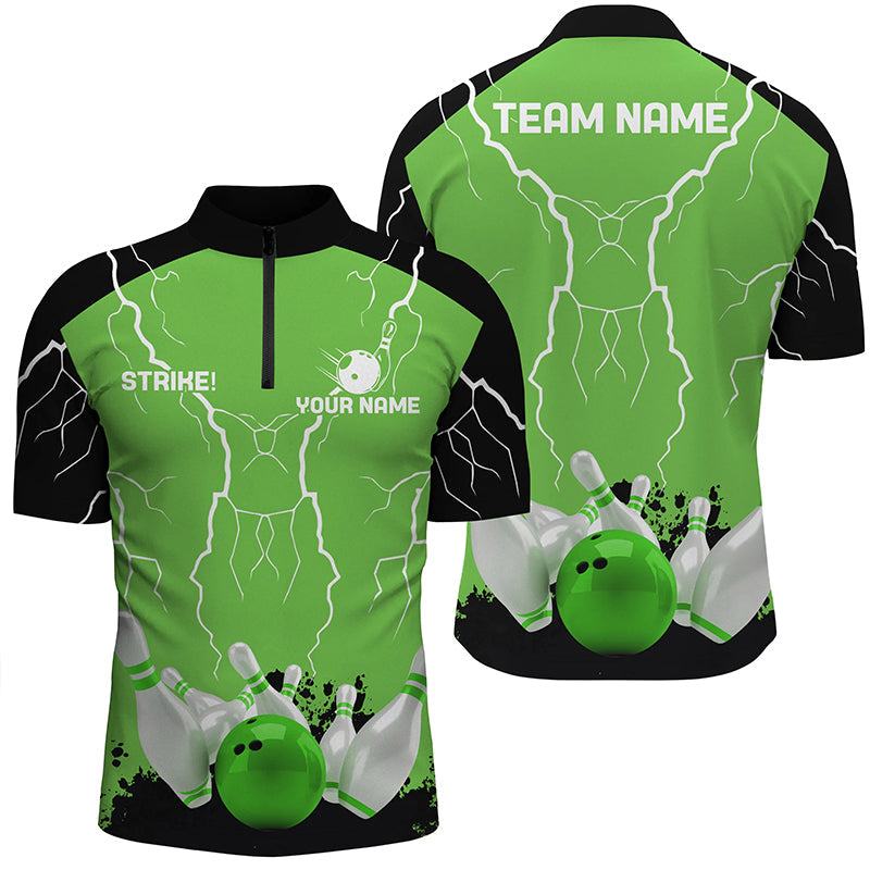 Men's bowling Quarter Zip shirts Custom bowling strike lightning storm team league jersey | Green NQS7083