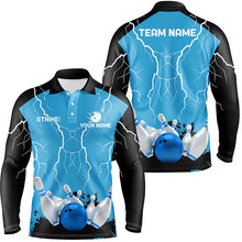 Load image into Gallery viewer, Mens polo bowling shirt Custom bowling strike lightning storm thunder team league jerseys | Blue NQS7084