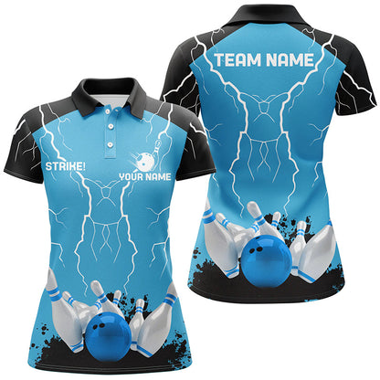 Women bowling polo shirt Custom bowling strike lightning storm thunder team league jerseys | Blue NQS7084