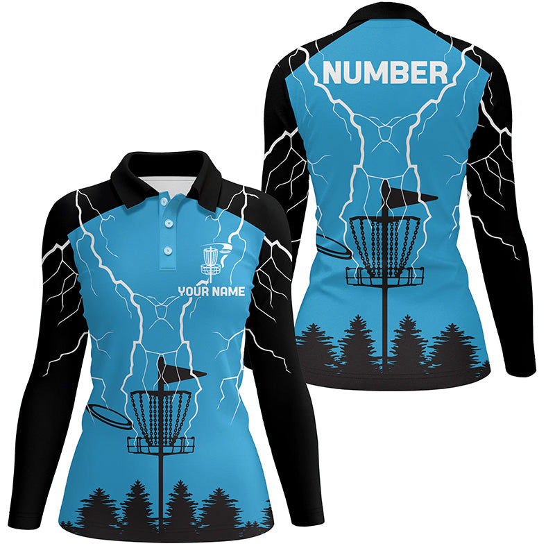 Womens disc golf polo shirt blue lightning storm custom name disc golf shirt, disc golf gifts NQS7085