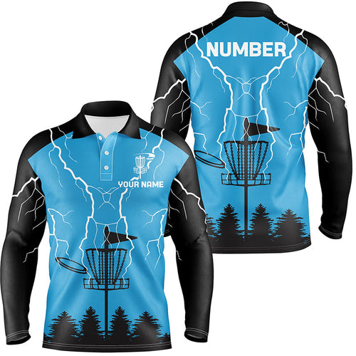 Mens disc golf polo shirt blue lightning storm custom disc golf shirt, disc golf gifts NQS7085