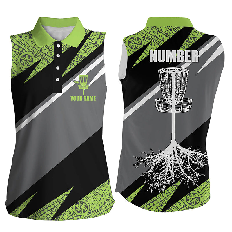 Green tribal black Women sleeveless polo shirt custom name, number disc golf jersey, disco golf outfit NQS6249