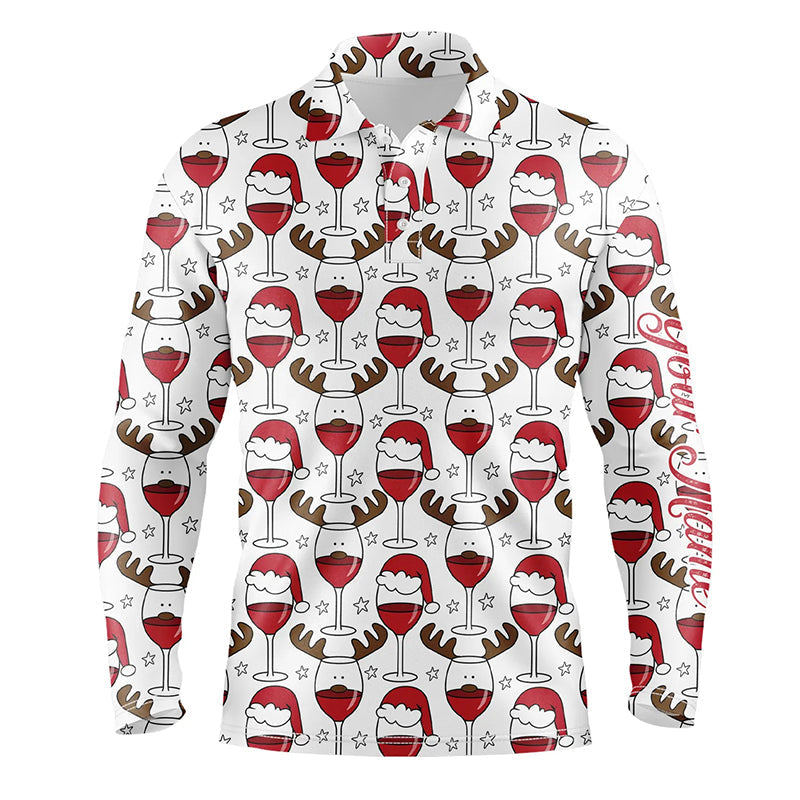 Mens golf polo shirt custom Christmas Wine glass in reindeer antler santa hat, gift for golf lovers NQS6723