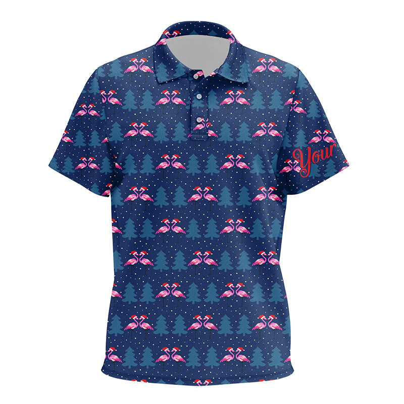 Kid golf polo shirts custom blue Christmas pattern with flamingos in hats, gift for golf lover NQS6724