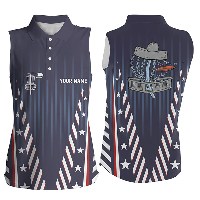Women sleeveless polo shirt custom red white and blue stars disc golf basket team disco golf outfit NQS6267