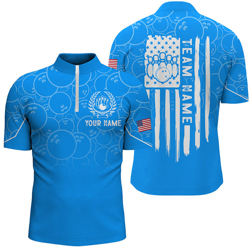 Blue bowling camo Mens bowling Quarter Zip shirts Custom American flag patriotic bowling team jerseys NQS7215