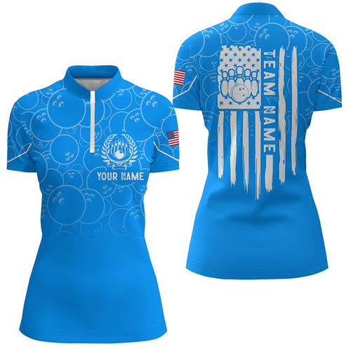 Blue bowling camo Women bowling Quarter Zip shirt Custom American flag patriotic bowling team jerseys NQS7215