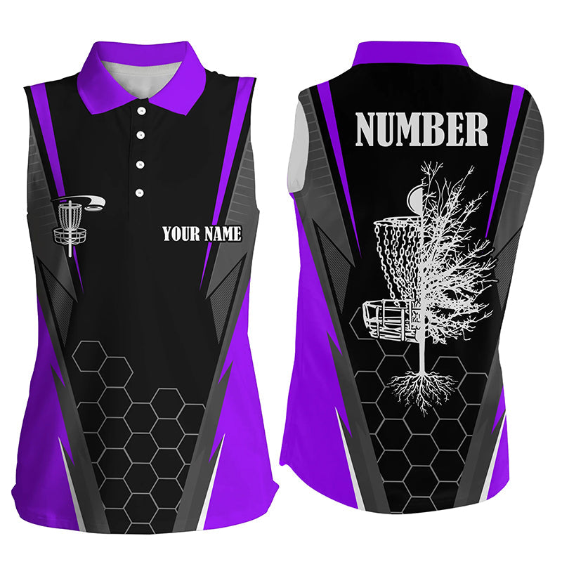 Womens disc golf sleeveless polo shirt custom disc golf shirt, disc basket gifts | Purple NQS7105