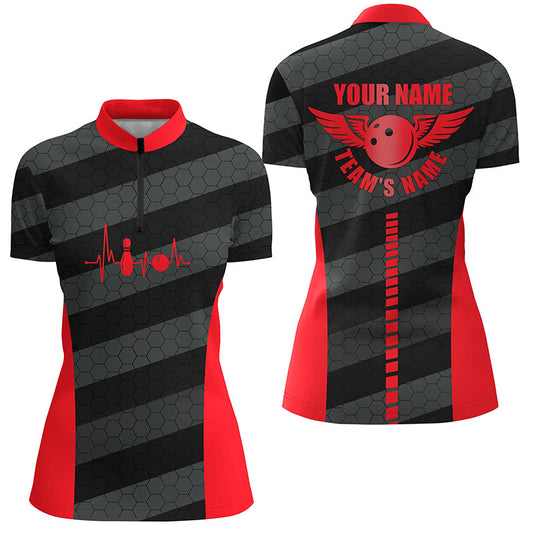 Womens Quarter Zip shirts custom bowling team shirts for women personalized bowling jerseys | Red NQS7219