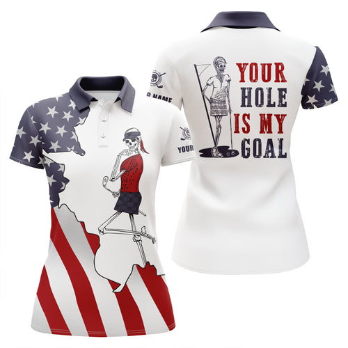 American flag patriotic Womens golf polos shirt custom name funny golf skull your hole is my goal NQS5095