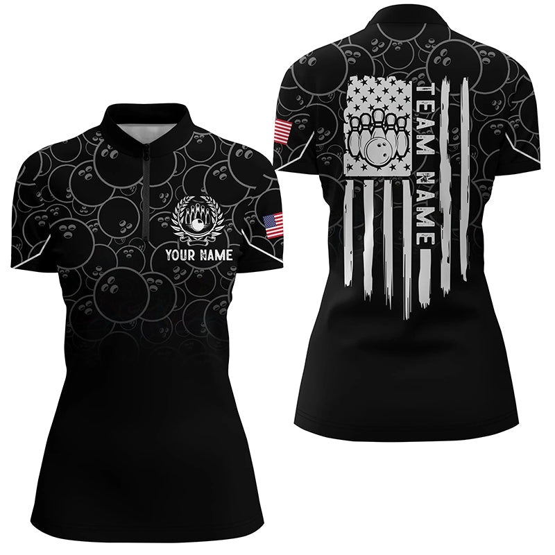 Black bowling camo Women bowling Quarter Zip shirt Custom American flag patriotic bowling team jerseys NQS6760