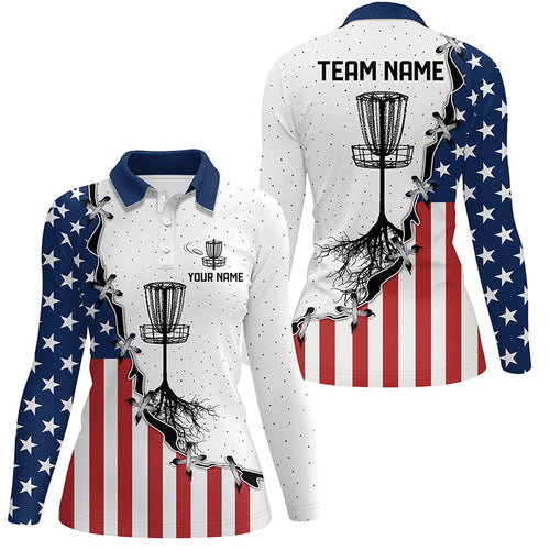 Red, white and blue American flag Womens disc golf polo shirt custom disc basket disc golf shirt NQS6765