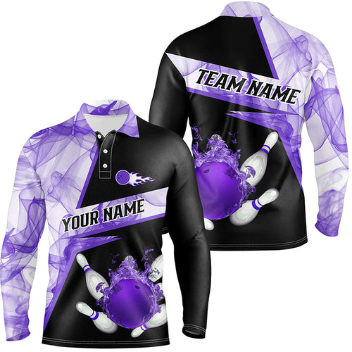 Bowling flame purple smoke pattern Custom black Mens Bowling polo shirts, Team Bowling League Jerseys NQS7229