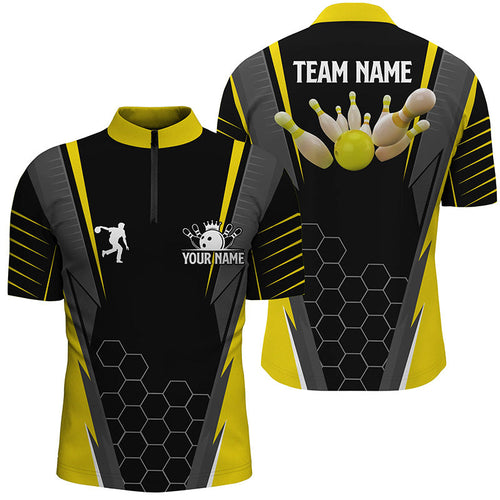 Black Men's Bowling Shirt Quarter-Zip Custom Name mens Bowlers Jersey, team bowling outfits | Yellow NQS6504