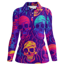 Load image into Gallery viewer, Colorful neon skull pattern Womens golf polo shirts custom golf tops for women, best golf gifts NQS6520