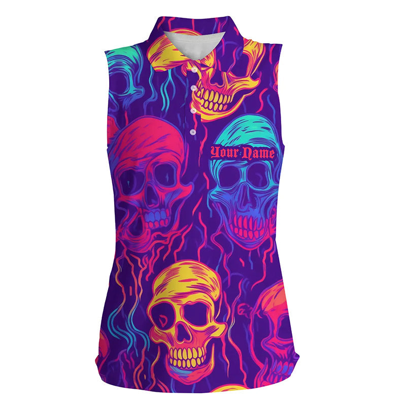 Colorful neon skull pattern Womens sleeveless polos shirt custom golf tops for women, best golf gifts NQS6520