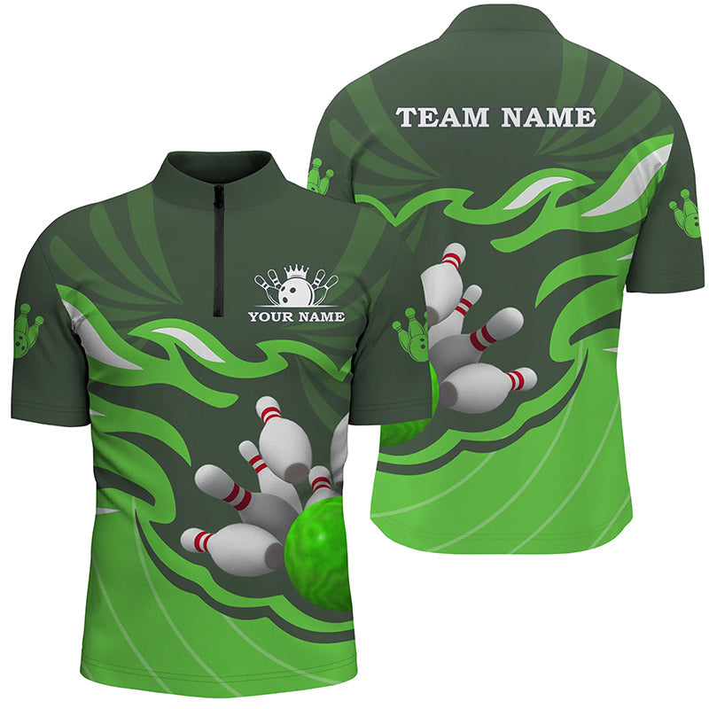 Men's bowling Quarter Zip shirts Custom bowling ball pins team league jersey, bowling gift | Green NQS6300