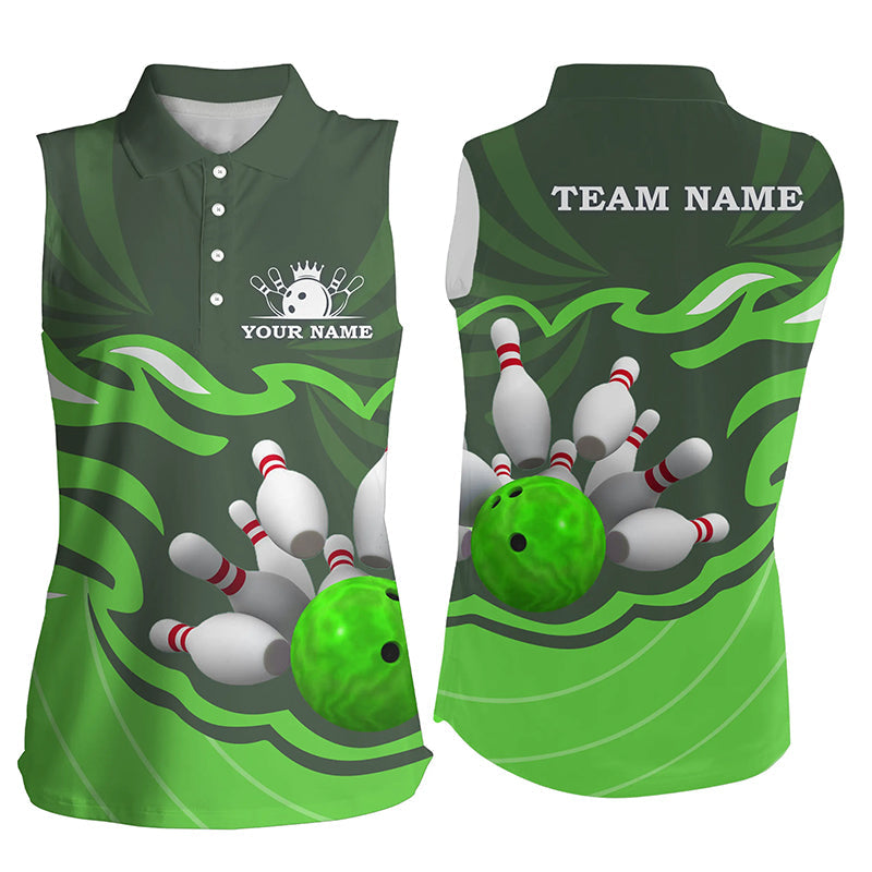 Women sleeveless polo shirts Custom bowling ball pins team league jersey, personalized gifts | Green NQS6300