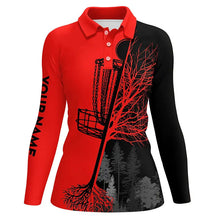 Load image into Gallery viewer, Womens disc golf polo shirts custom black and red disc golf basket, disc golf shirts NQS6985