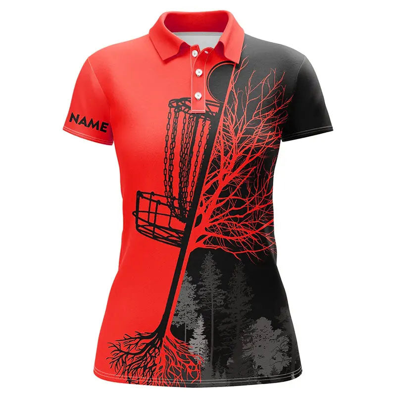 Womens disc golf polo shirts custom black and red disc golf basket, disc golf shirts NQS6985