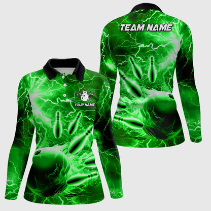 Womens polo bowling shirts Custom green lightning thunder Bowling Team Jersey, gift for team Bowlers NQS7143