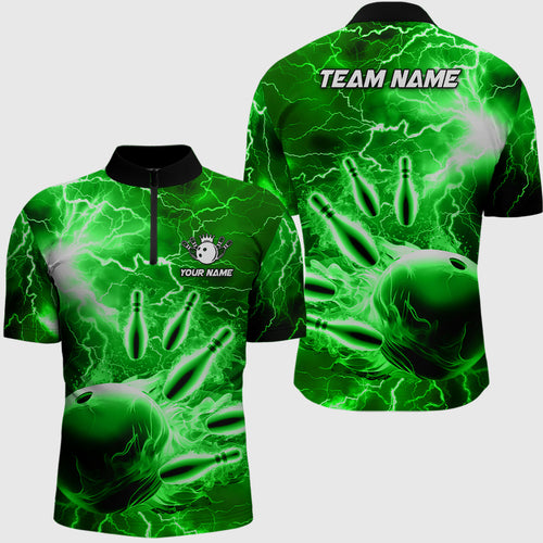 Men's bowling Quarter Zip shirts Custom green lightning thunder Bowling Team Jersey, gift for Bowlers NQS7143