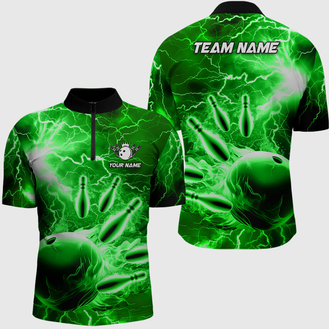 Men's bowling Quarter Zip shirts Custom green lightning thunder Bowling Team Jersey, gift for Bowlers NQS7143