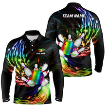 Load image into Gallery viewer, Mens polo bowling shirts Custom Rainbow flame Bowling ball and pins Team league bowler Jersey NQS6807