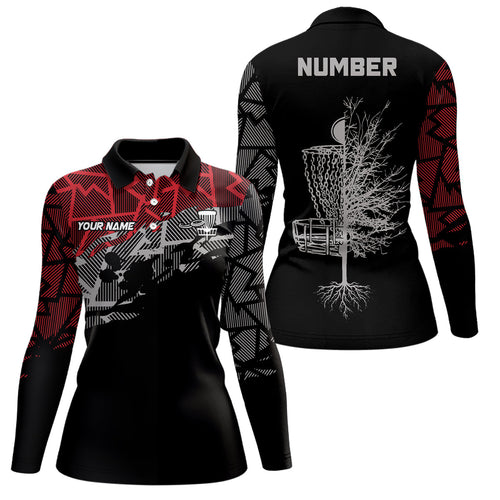 Red camo abstract pattern black Womens disc golf polo shirt custom disc golf clothing NQS6811