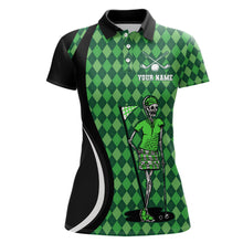 Load image into Gallery viewer, Women golf polo shirts custom black green argyle pattern golf skull golf tops for ladies, golf gifts NQS7010