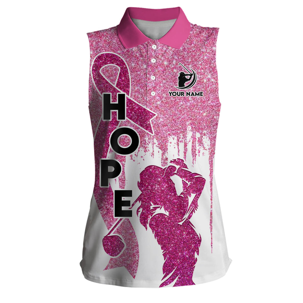 Pink glitter Womens sleeveless polos custom pink ribbon breast cancer awareness golf shirt for ladies NQS6556