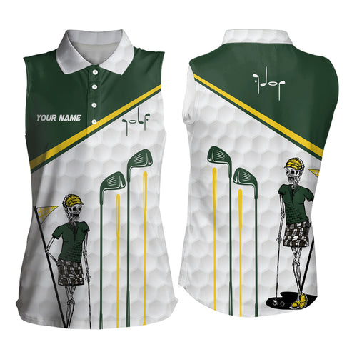Green and white Women sleeveless golf polo shirt custom golf skull golf ball pattern outfit for ladies NQS6574