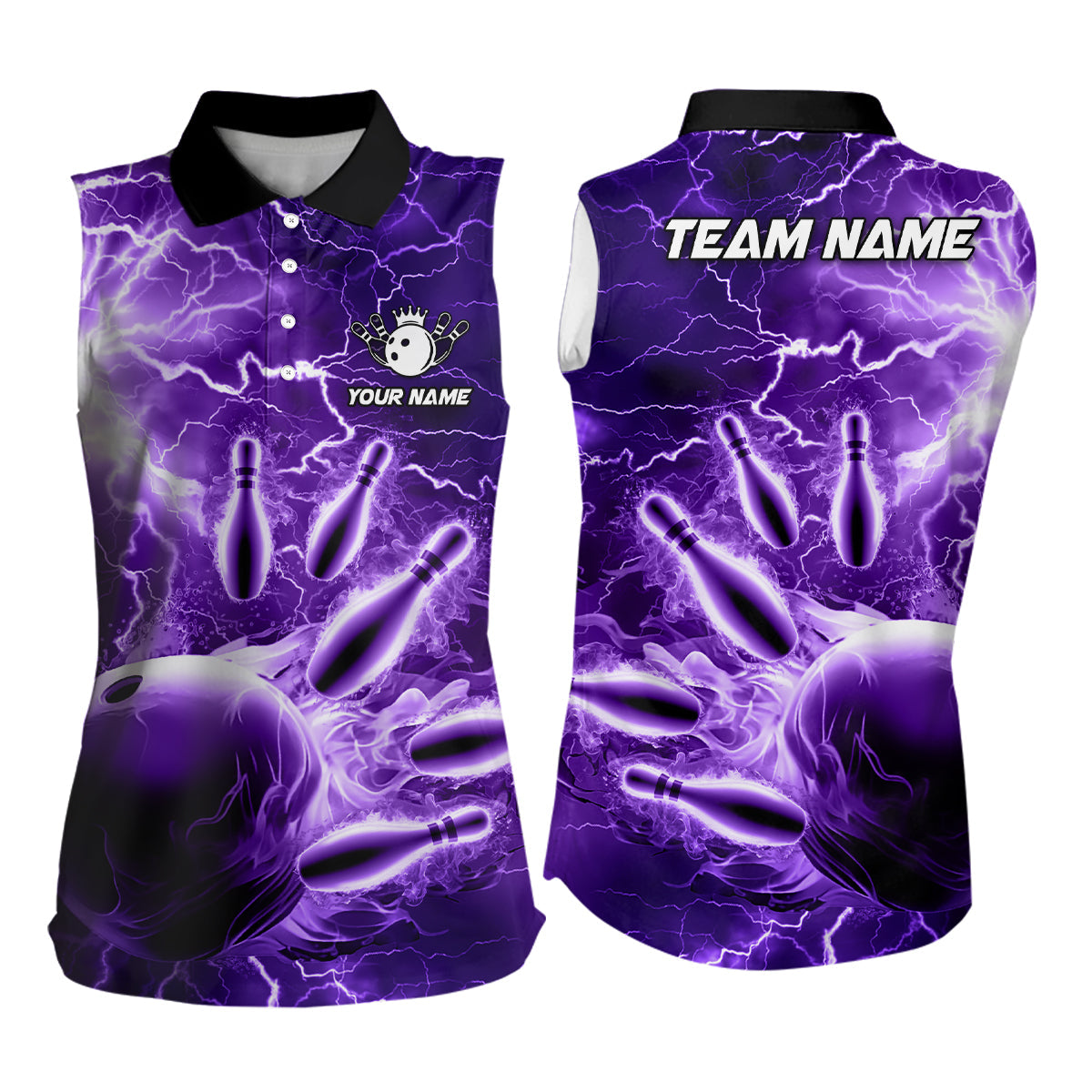 Womens bowling sleeveless polo shirts Custom purple lightning thunder Bowling Team Jerseys NQS6581