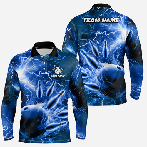 Mens polo bowling shirts Custom blue lightning thunder Bowling Team Jersey, gift for team Bowlers NQS6582