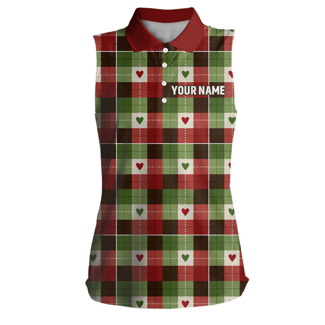 Women sleeveless polo shirts custom green and red Flat christmas plaid pattern shirts for ladies NQS6584