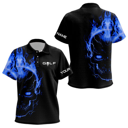 Blue fire skull black golf shirts custom Kids golf polo shirts, golf polo tees for Kid NQS6387