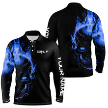 Load image into Gallery viewer, Blue fire skull black golf shirts custom Mens golf polo shirts, mens golf polo tees NQS6387