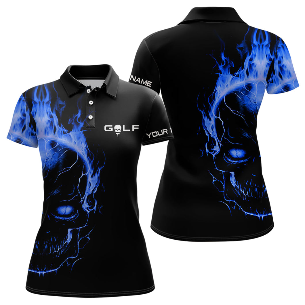 Blue fire skull black golf shirts custom Women golf polo shirt, ladies golf tees NQS6387