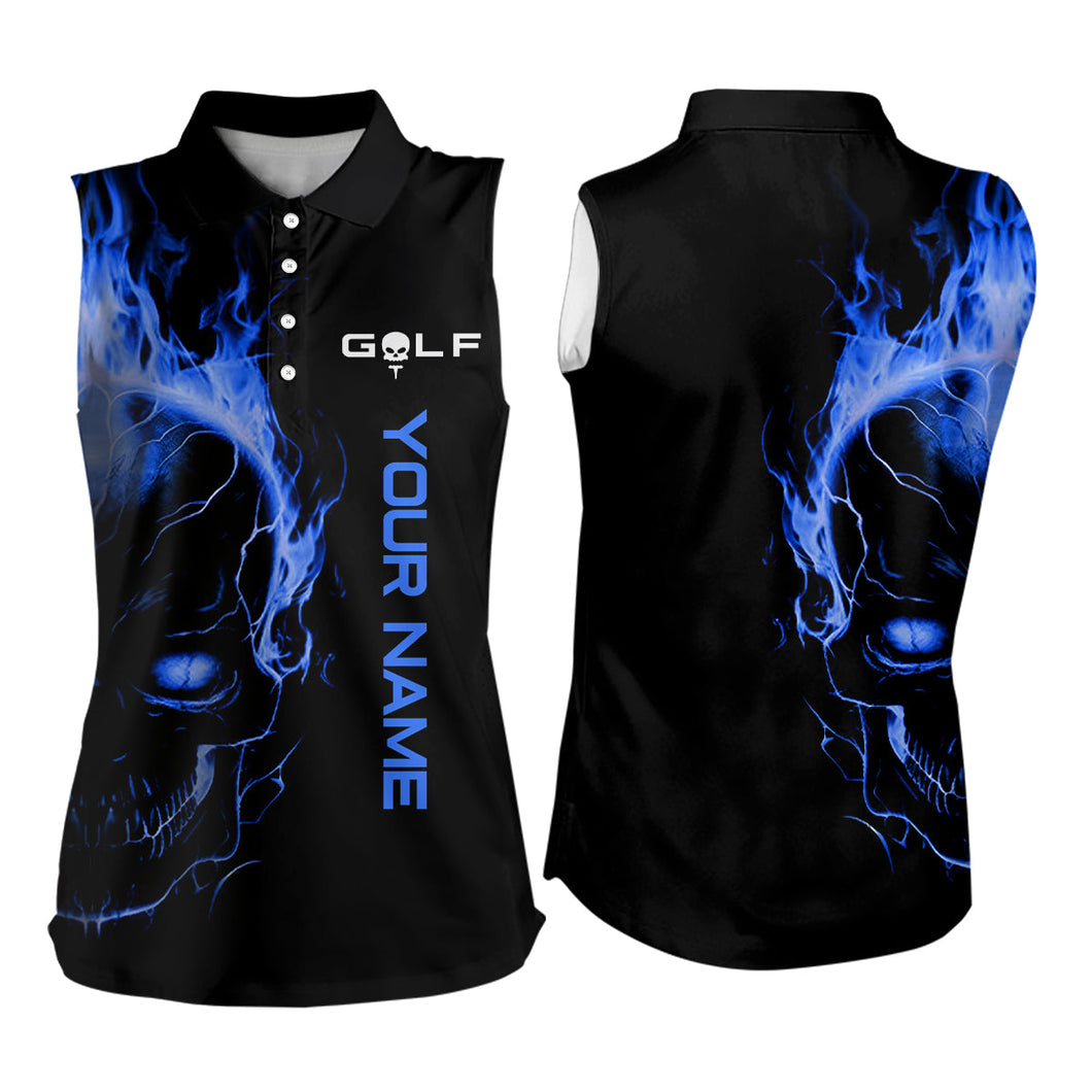 Blue fire skull black golf shirts custom Women sleeveless polo shirt, ladies golf tees NQS6387