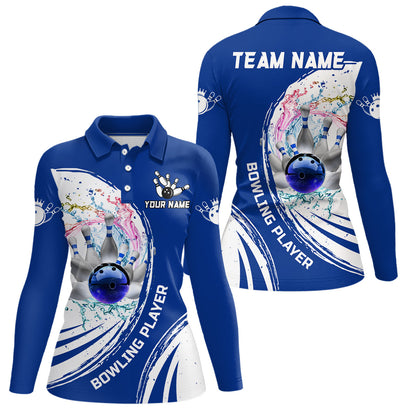 Women Bowling Polo Shirts Custom water bowling ball pins Bowling Team Jersey, gift for Bowlers | Blue NQS7194