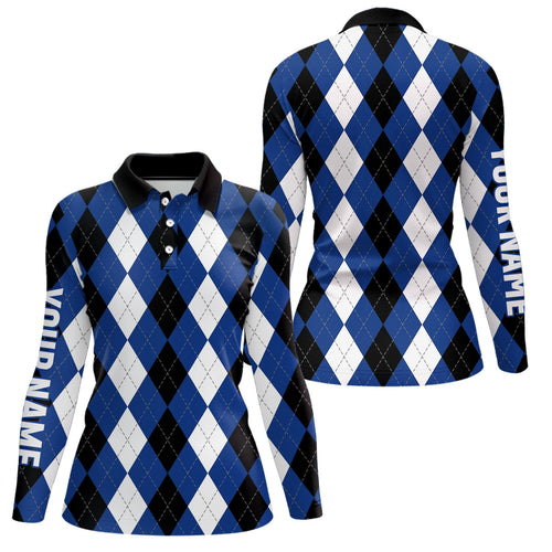 Womens golf polo shirts custom blue argyle plaid pattern golf attire for women, golf gifts NQS6899
