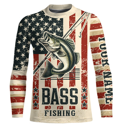 Largemouth Bass fishing vintage American flag Custom performance patriotic long sleeve fishing shirts NQS7199