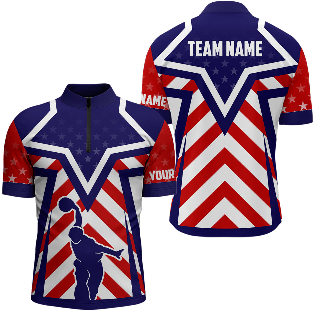 Red, white and blue American flag Bowling Quarter Zip Shirt For Men Custom bowling Team League Jerseys NQS6735