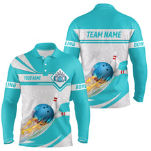 Load image into Gallery viewer, Cyan blue Bowling Polo Shirts For Men Custom camo flame bowling ball pins Team League Jerseys NQS6733